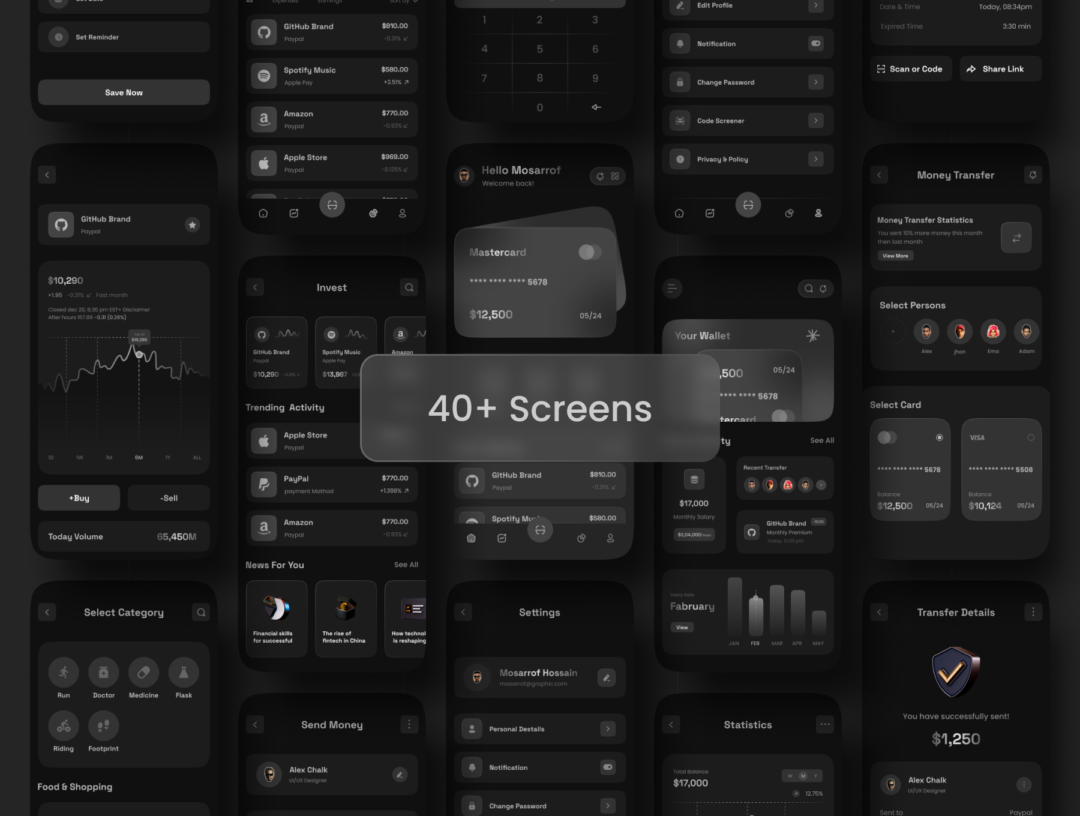 40+炫酷暗黑风金融理财财务管理手机银行电子钱包APP界面设计Figma模板套件 payUp - Finance Mobile App UI Kit_img_3