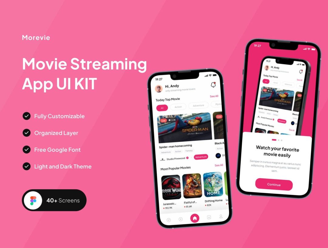 40+屏优质电影电视剧短视频APP软件界面设计Figma模板套件 Morevie - Movie Streaming App UI KIT_img_3