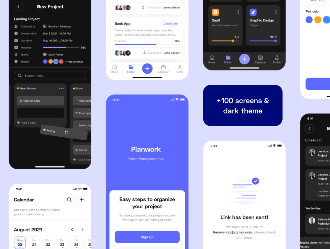 100+屏深色&浅色主题项目管理软件APP界面设计Figma模板套件 Planwork - Project Management App UI Kit_img_3