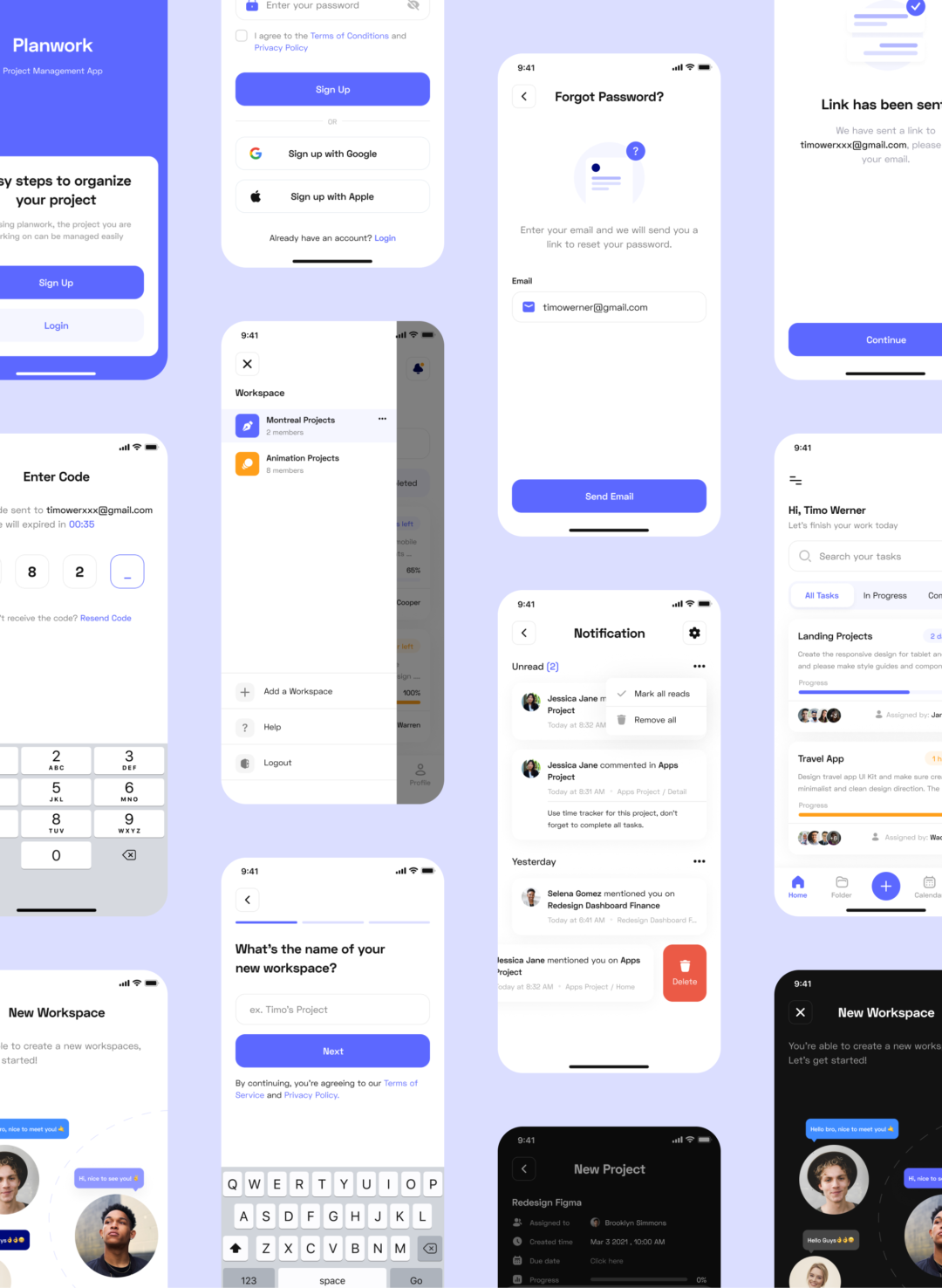 100+屏深色&浅色主题项目管理软件APP界面设计Figma模板套件 Planwork - Project Management App UI Kit_img_3