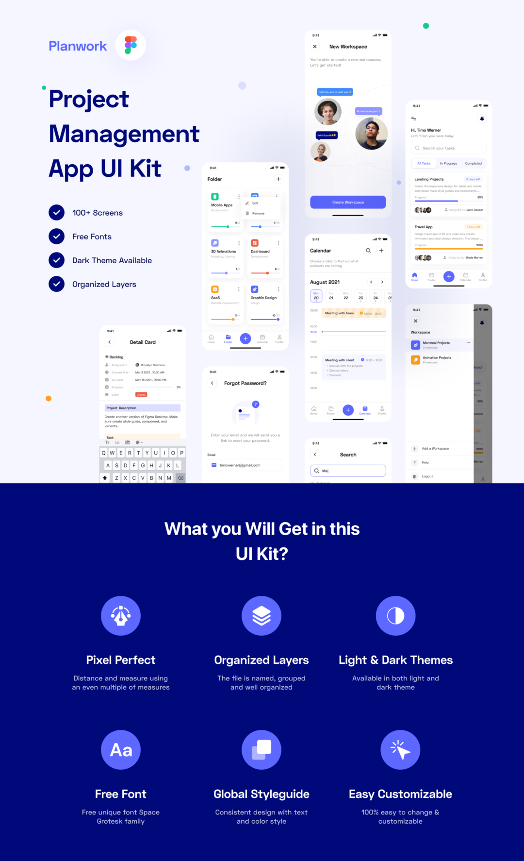 100+屏深色&浅色主题项目管理软件APP界面设计Figma模板套件 Planwork - Project Management App UI Kit_img_3