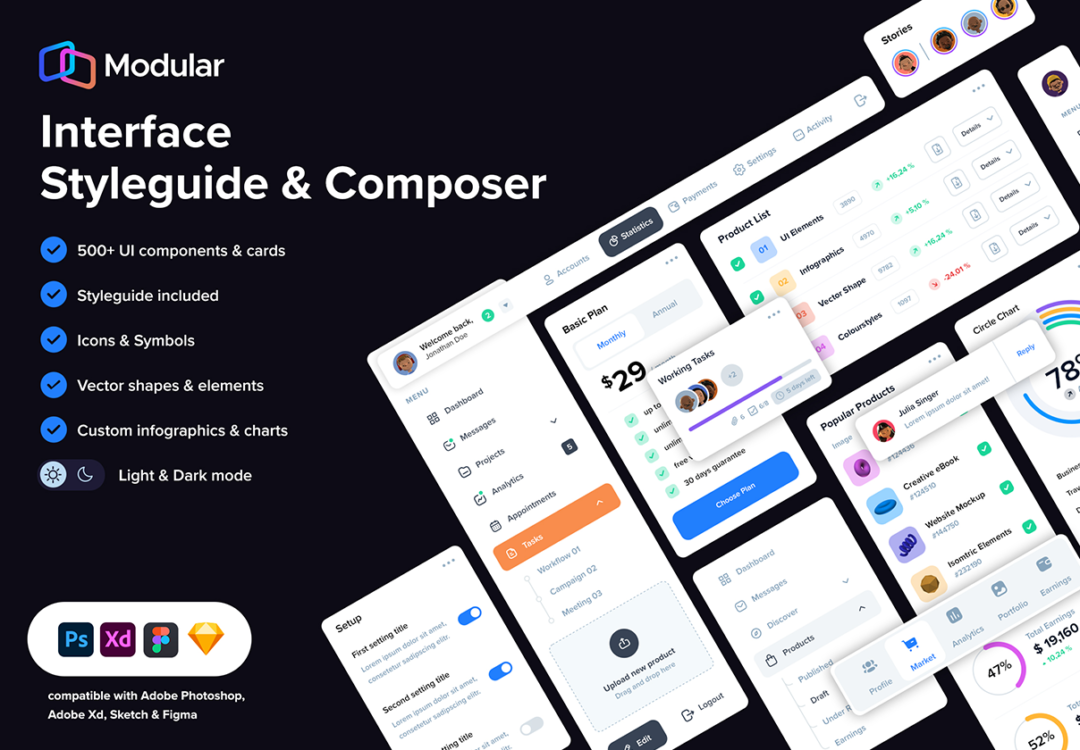 500+款APP&网站WEB界面设计卡片UI套件素材包 Modular - UI Styleguide & Composer_img_3