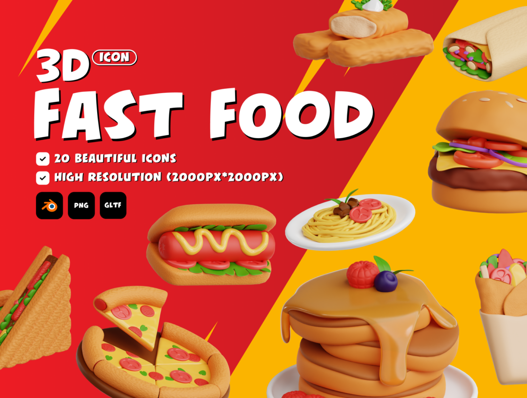 20款创意西餐汉堡快餐插图3D图标Icons设计素材合集 Fast Food 3D Icon Set_img_3