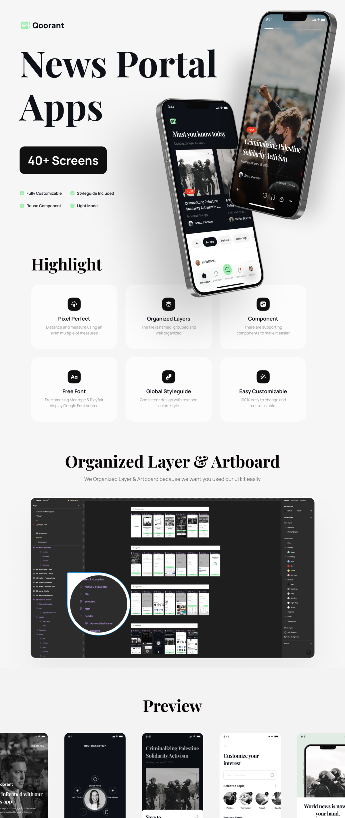 40+屏高质量实事新闻门户资讯APP软件界面设计Figma模板套件 Qoorant - News Portal Mobile Apps UI Kit_img_2