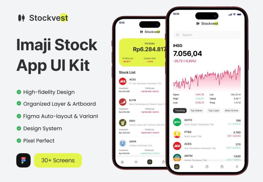 30+屏时尚金融理财股票买卖软件APP界面设计Figma模板套件 Stockvest - Stock App Mobile UI Kit_img_3