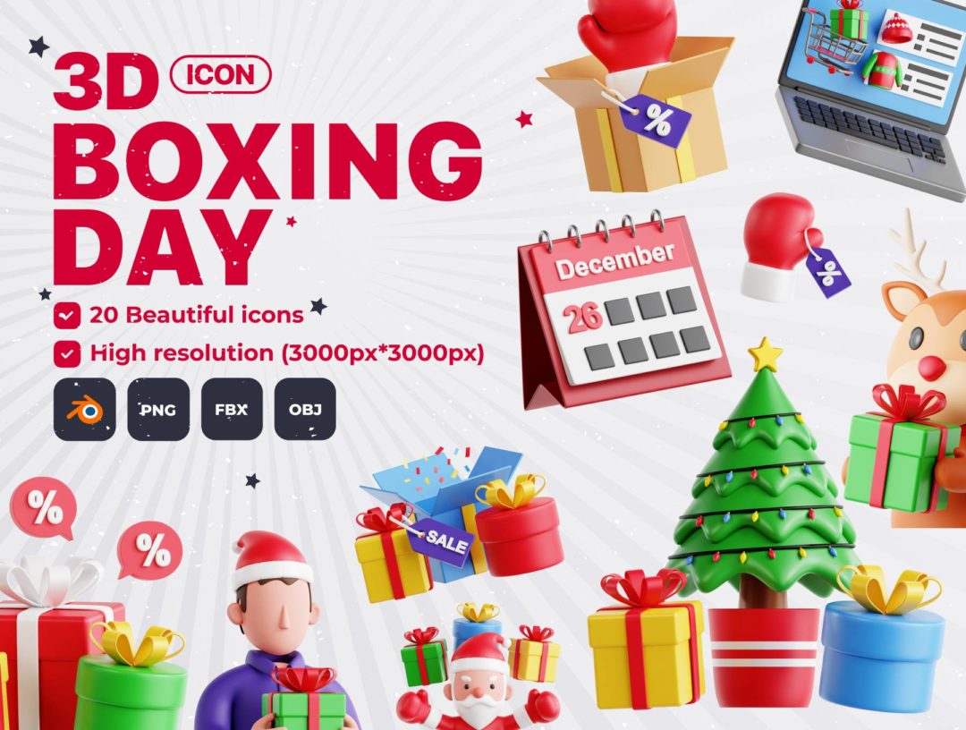 20款卡通趣味圣诞节主题假日节日3D立体图标Icons设计素材合集 Boxing Day 3D Icon Set_img_3