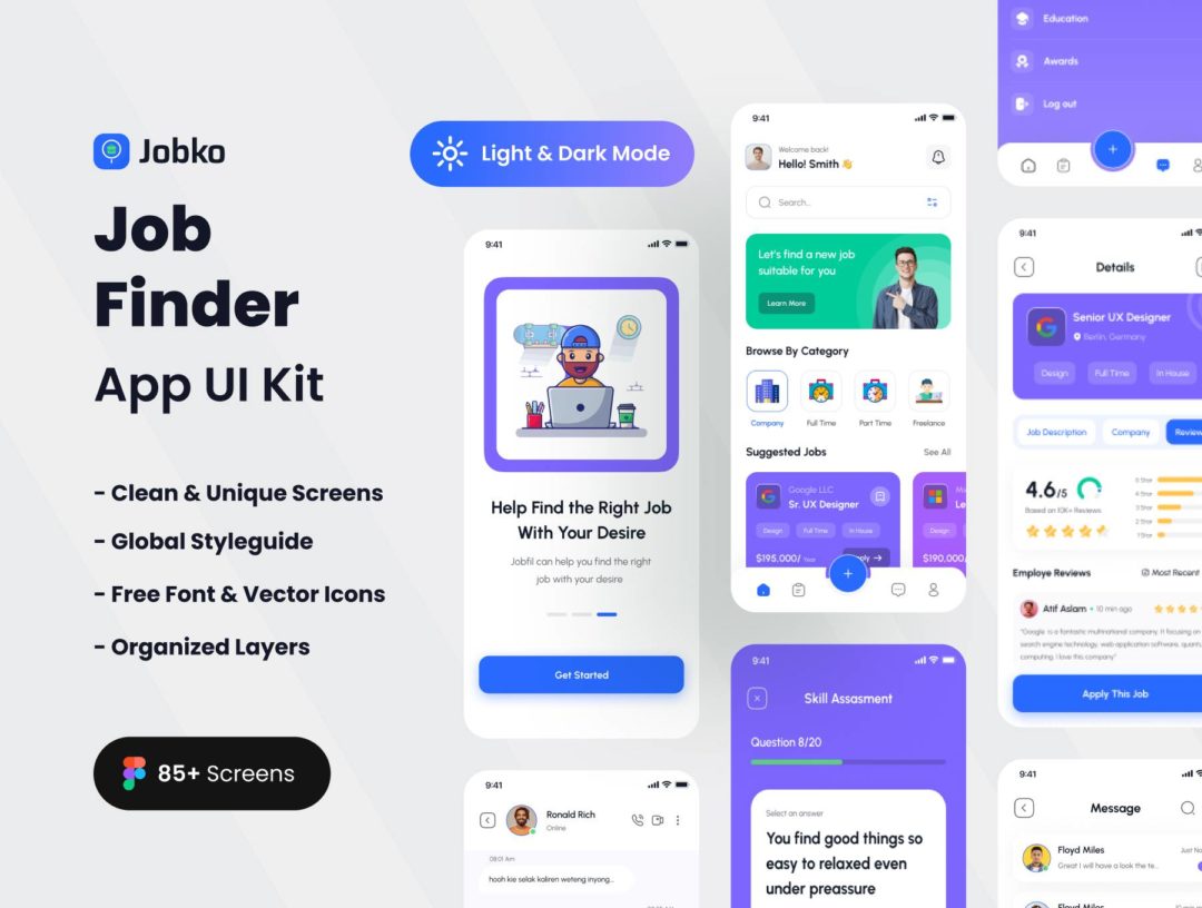 85+屏高品质求职应聘找工作软件APP界面设计Figma模板套件 Jobko - Job Finder Mobile App UI KIt_img_3