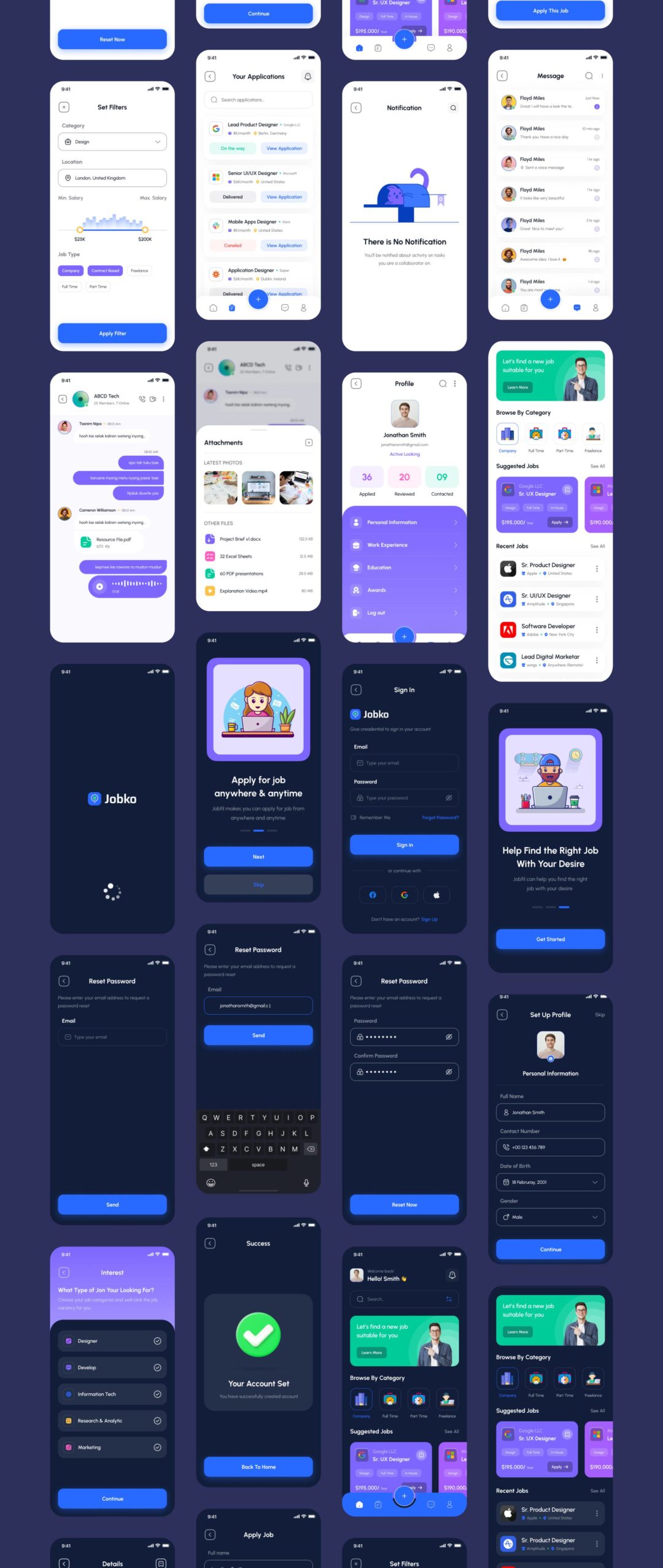 85+屏高品质求职应聘找工作软件APP界面设计Figma模板套件 Jobko - Job Finder Mobile App UI KIt_img_3