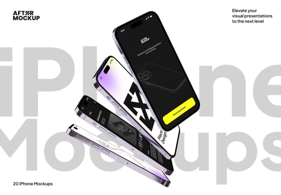 20款垂直悬浮苹果iPhone 15 Pro手机屏幕演示贴图PSD样机模板 iPhone Vertical Mockups_img_3