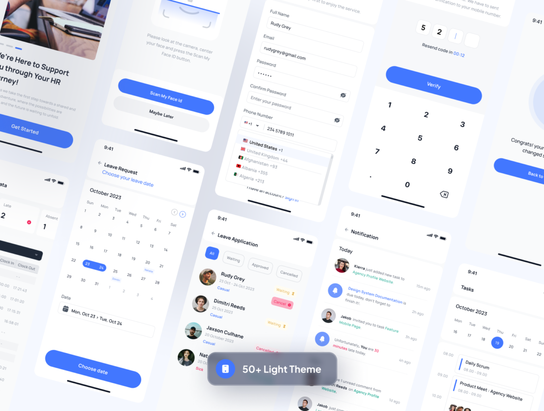 50+屏高级人力资源HR行政人事管理APP软件界面设计Figma模板套件 HR Management Mobile App UI Kit_img_3