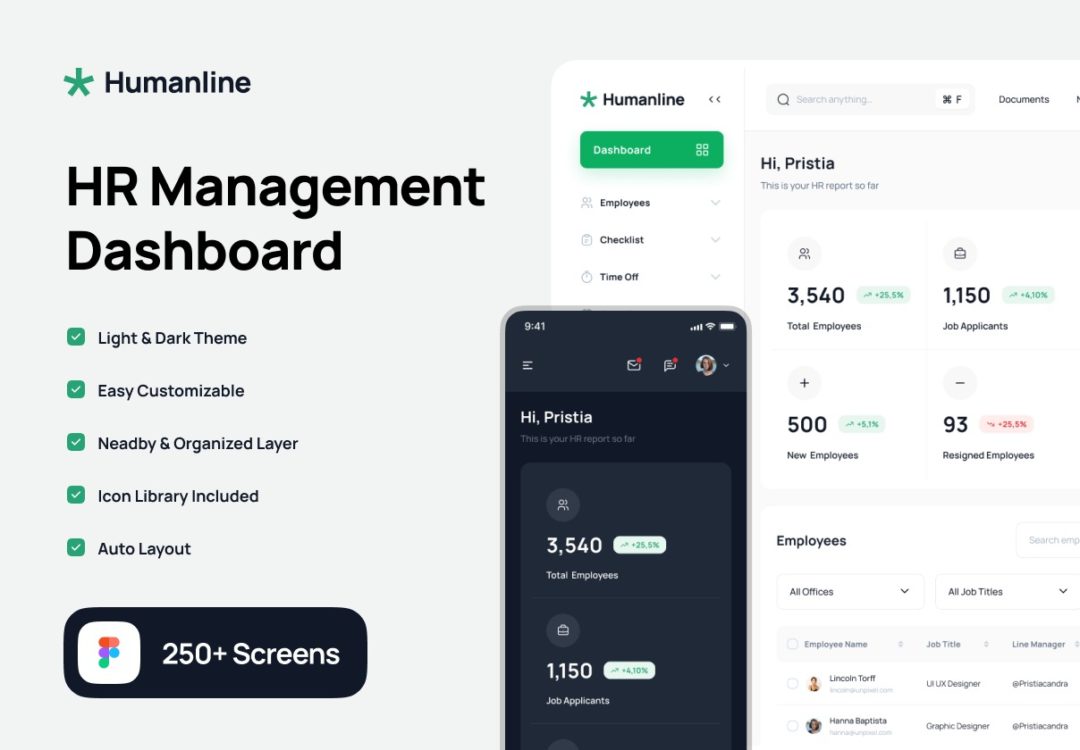 250+屏人力资源HR行政人员管理软件APP界面设计Figma模板套件 Humanline - HR Management Dashboard UI Kit_img_3