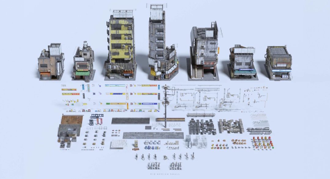 Blender/UE/FBX日本东京街道商业楼房建筑公共设施人物角色3D模型 Big Medium Small  – Toyko Back Alleys_img_1