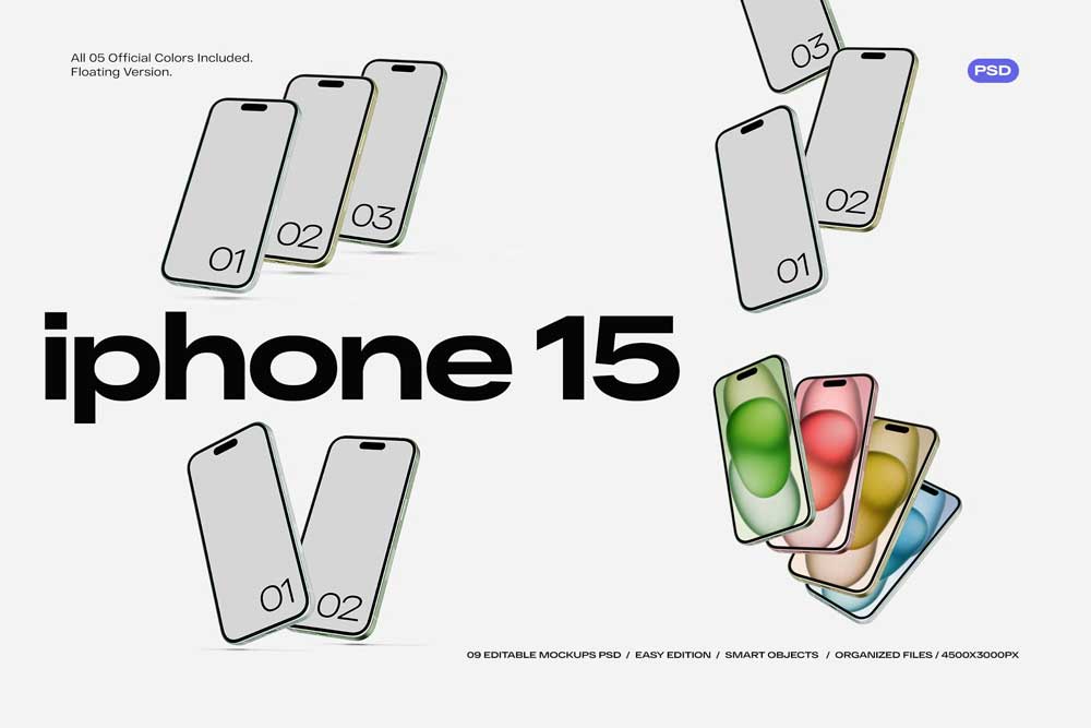 9款时尚苹果iPhone 15 Pro屏幕演示贴图PSD样机模板 iPhone 15 Mockups_img_2