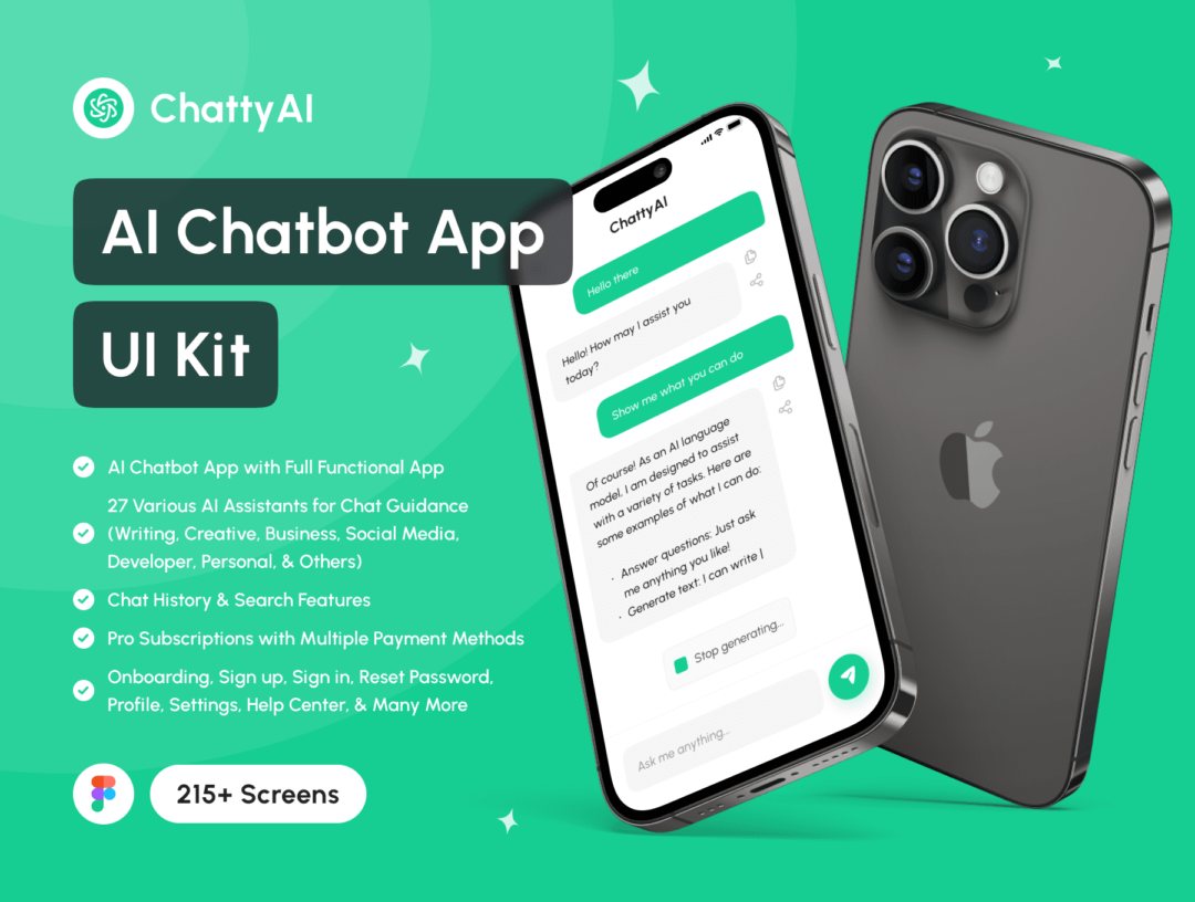 215+屏高级AI智能聊天机器人应用程序APP界面设计Figma模板素材 ChattyAI - AI Chatbot App UI Kit_img_3