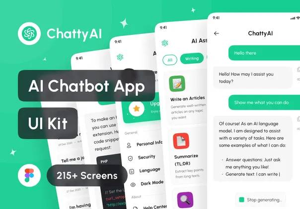 215+屏高级AI智能聊天机器人应用程序APP界面设计Figma模板素材 ChattyAI - AI Chatbot App UI Kit_img_3