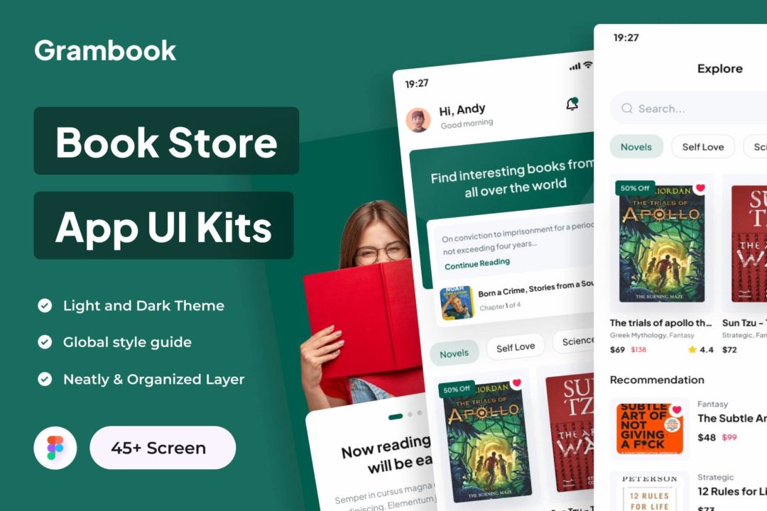 45+屏高级书店小说在线阅读APP界面设计Figma模板套件 Grambook - Book Store Apps UI Kits_img_3