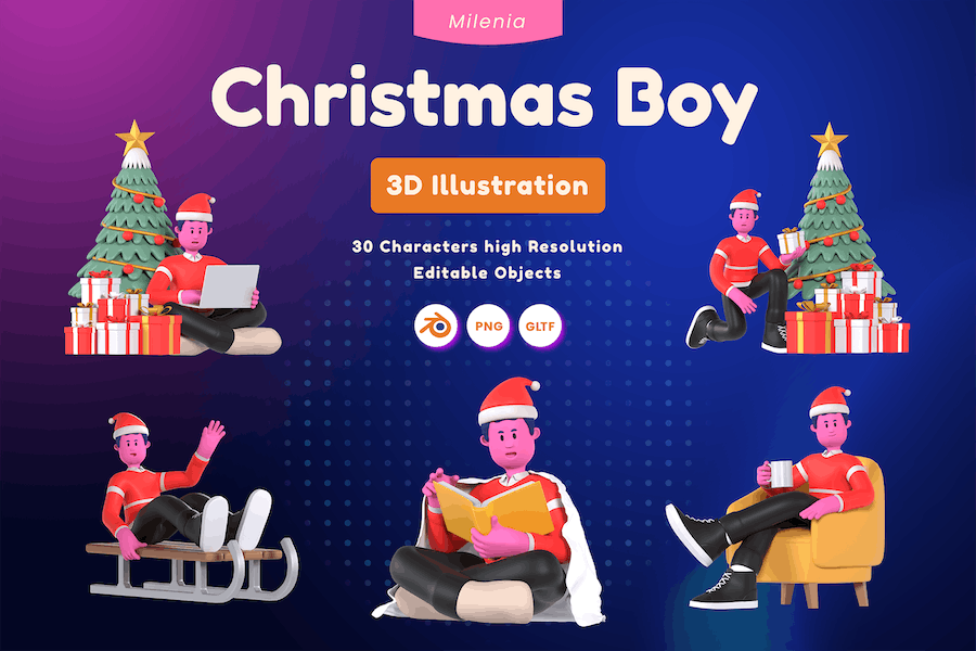 30款卡通创意圣诞节主题男孩插图3D立体图标Icons设计素材包 Christmas Boy 3D Illustration_img_3