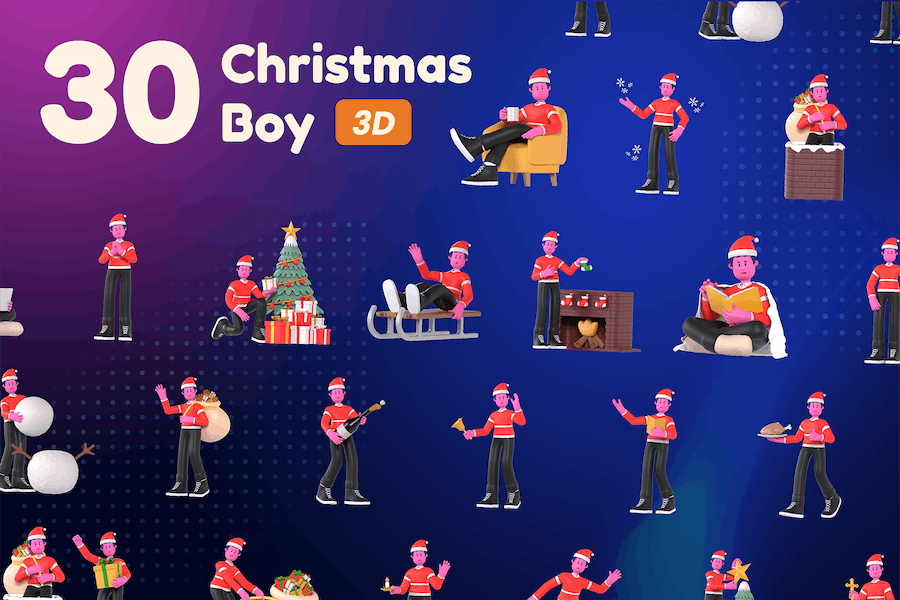 30款卡通创意圣诞节主题男孩插图3D立体图标Icons设计素材包 Christmas Boy 3D Illustration_img_3