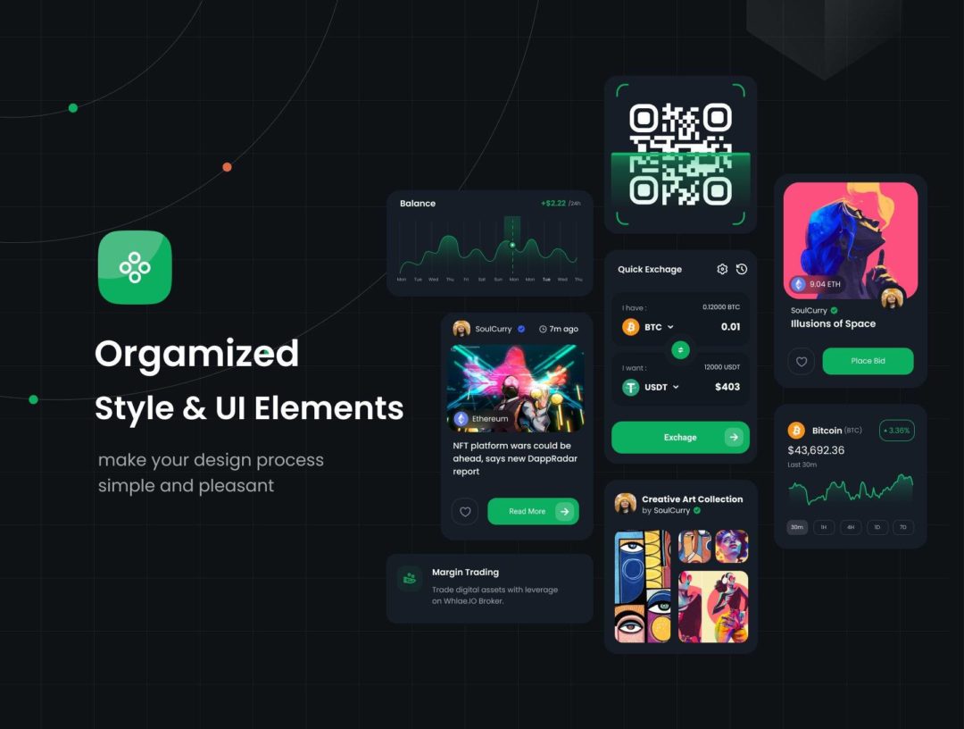 40+屏暗黑NFT加密货币虚拟币在线交易平台仪表盘设计Figma模板套件 Crypto Whale - Crypto & NFT Dashboard UI Kit_img_3