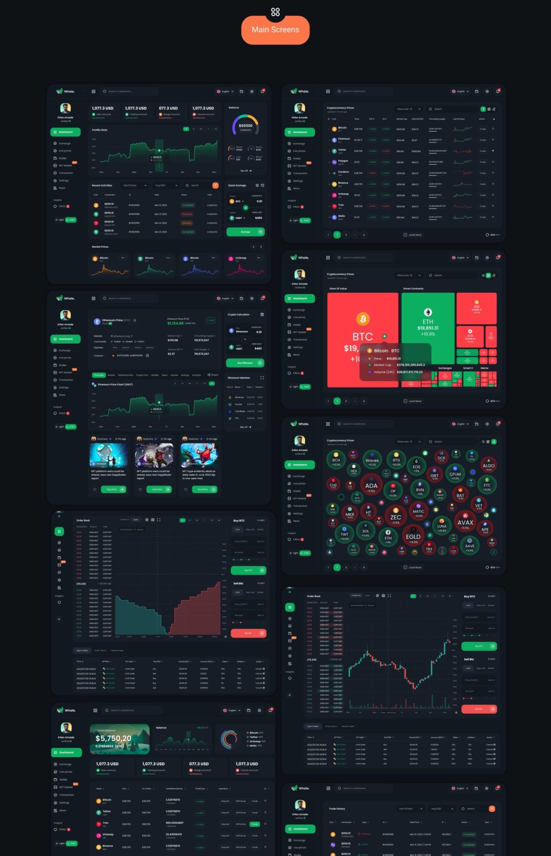 40+屏暗黑NFT加密货币虚拟币在线交易平台仪表盘设计Figma模板套件 Crypto Whale - Crypto & NFT Dashboard UI Kit_img_3