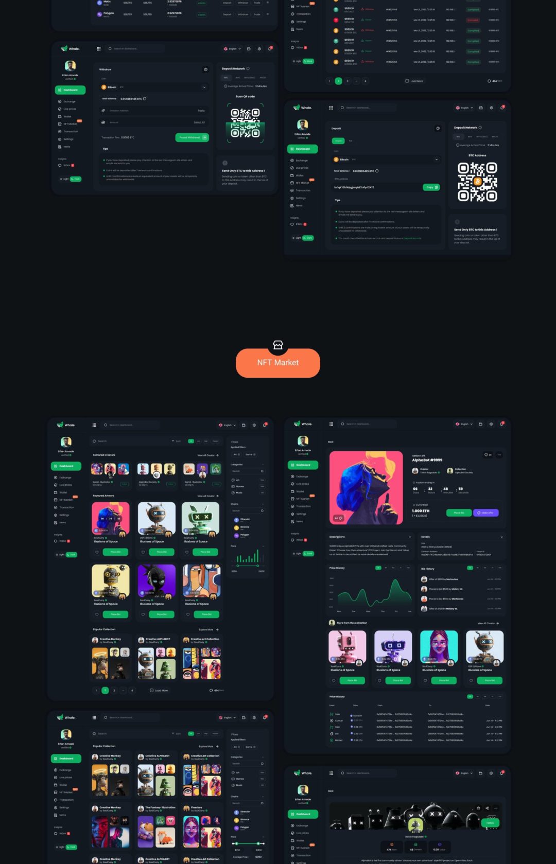 40+屏暗黑NFT加密货币虚拟币在线交易平台仪表盘设计Figma模板套件 Crypto Whale - Crypto & NFT Dashboard UI Kit_img_3
