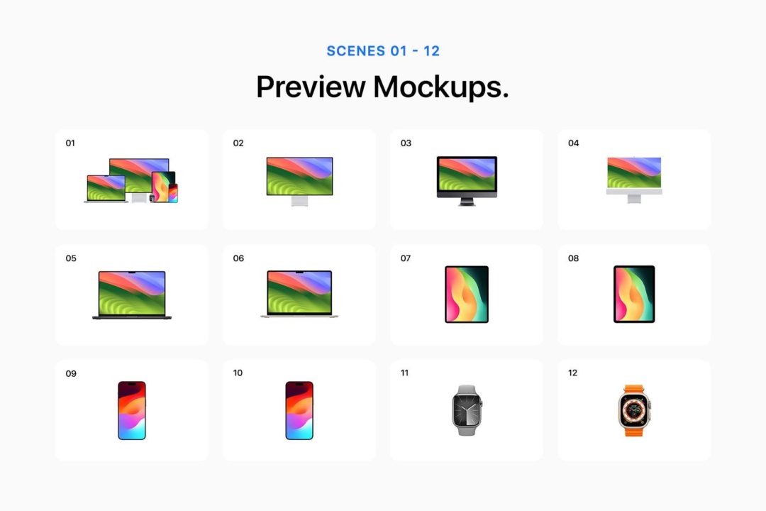 2024年全新苹果设备MacBook笔记本iMac一体机电脑iPhone 15手机iPad平板iWatch手表屏幕演示样机模板 12 Original Devices Mockups - 2024_img_3