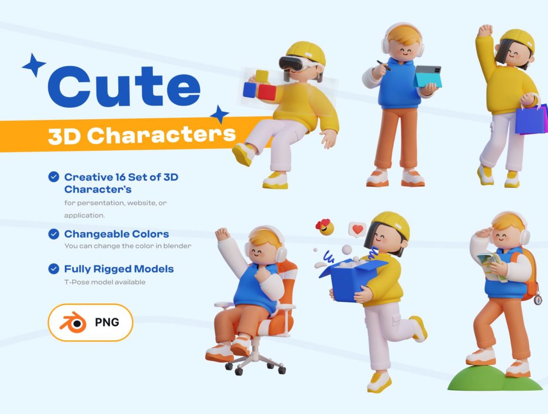 16款可爱卡通创意3D立体人物插图图标Icons设计素材包 Cute 3D characters_img_3