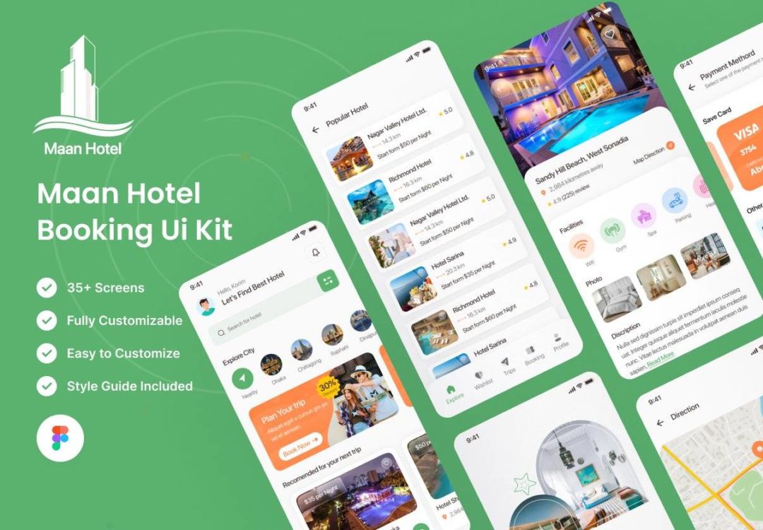 36+屏酒店饭店房间预定订房软件APP界面设计Figma模板套件 Maan Hotel Booking App Flutter UI Kit_img_3