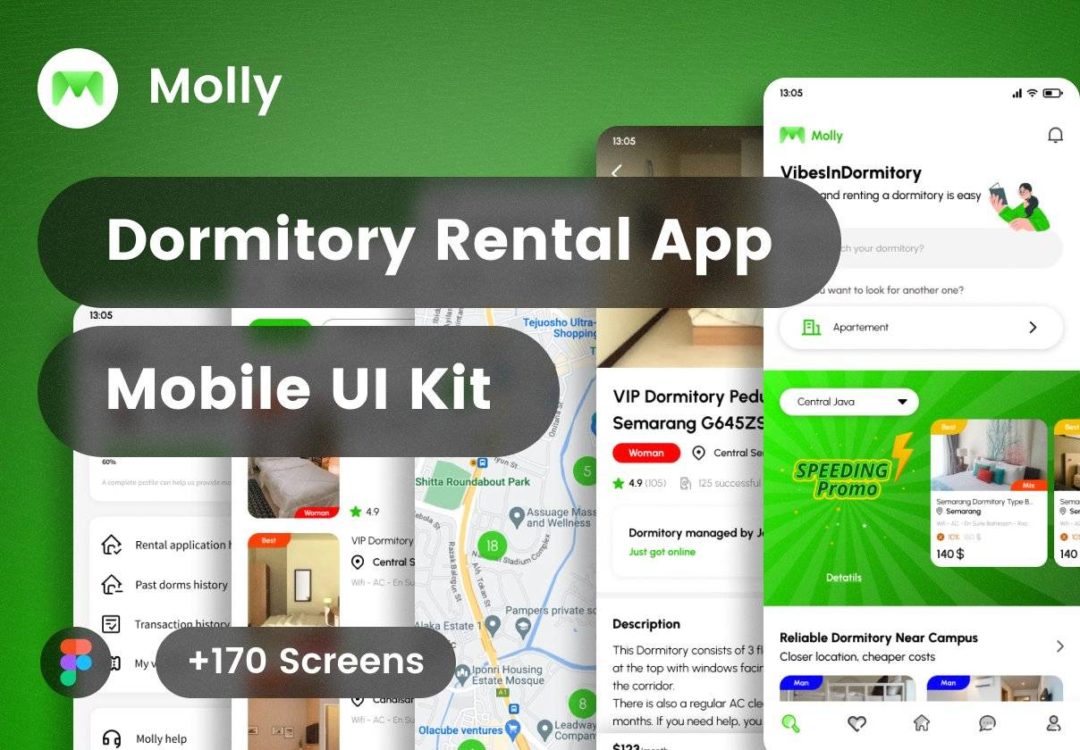 170+屏专业房地产房屋租赁出租APP软件界面设计Figma模板套件 Molly - Dormitory Rental App UI Kit_img_3