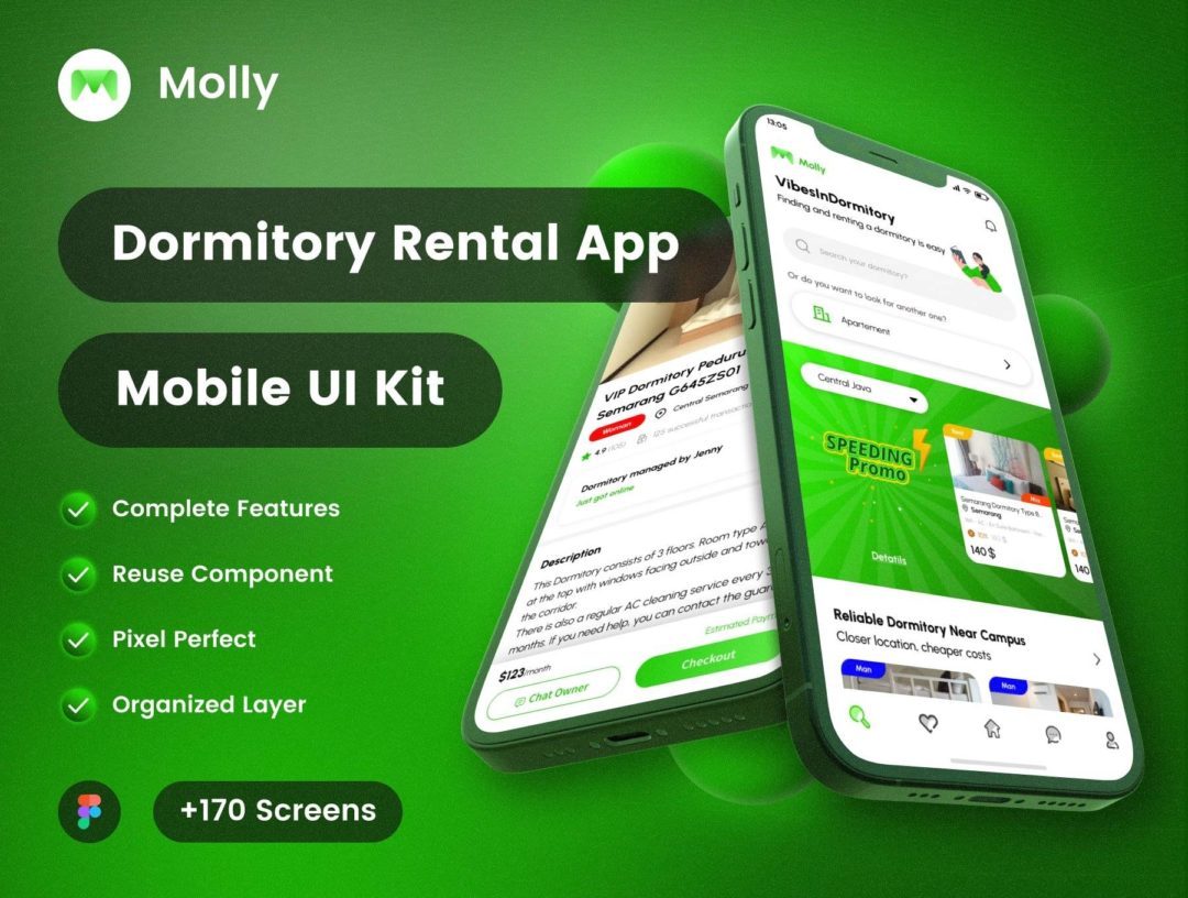 170+屏专业房地产房屋租赁出租APP软件界面设计Figma模板套件 Molly - Dormitory Rental App UI Kit_img_3