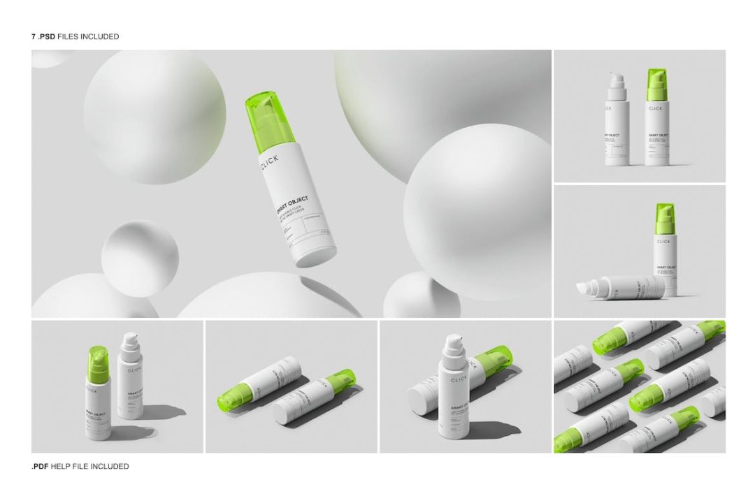 7款时尚化妆品泵瓶包装瓶设计展示效果图PSD样机模板 Pump Bottle Mockup Set_img_3