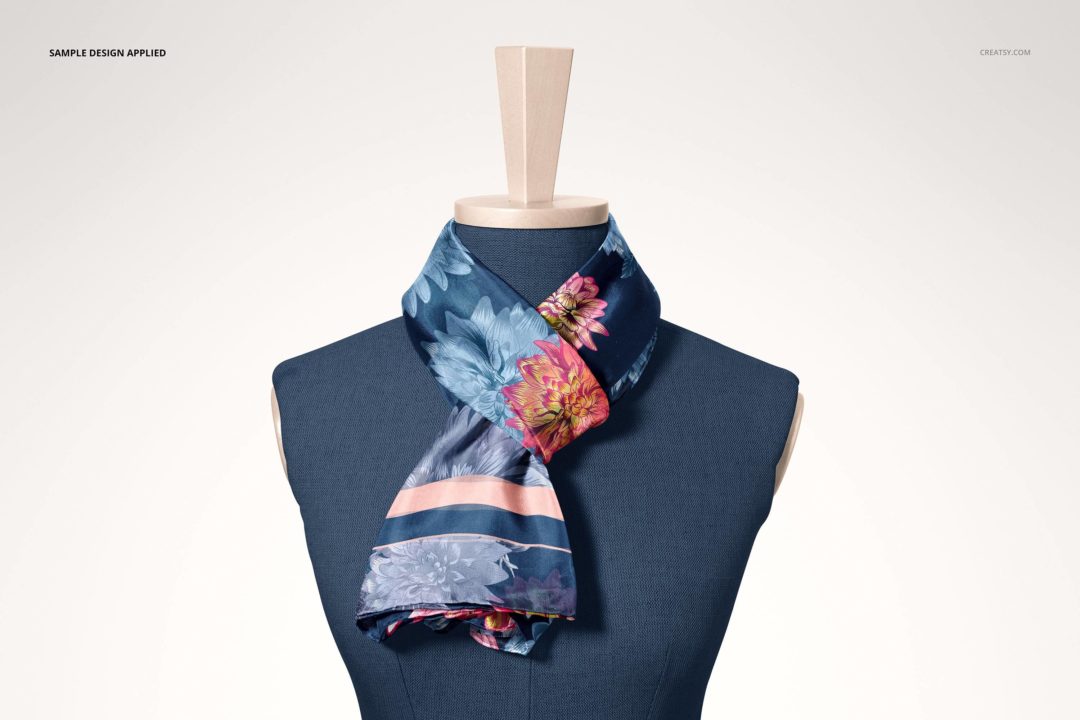 5款时尚真丝丝绸围巾纱巾印花图案设计展示效果图PSD样机模板 Habotai Silk Scarf Mannequin Mockup_img_3