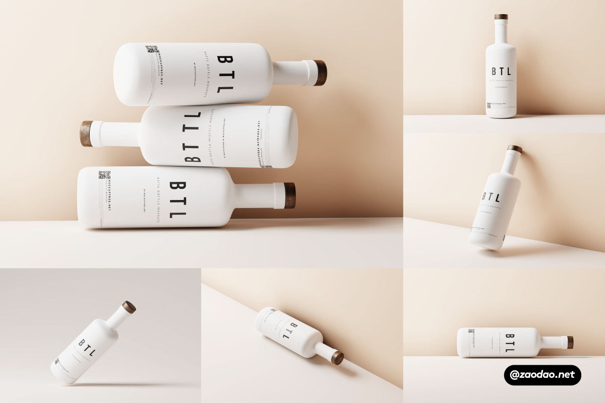 8款逼真白色陶瓷哑光酒瓶设计展示效果图PSD样机模板 White Matte Bottle Mockups_img_2