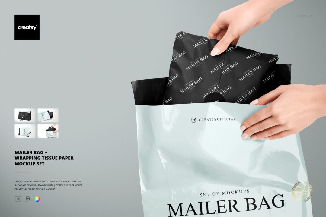 时尚服装衣服邮寄包装纸塑料袋设计展示效果图PSD样机模板 Mailer Bag Wrapping Tissue Paper Mockup Set_img_3