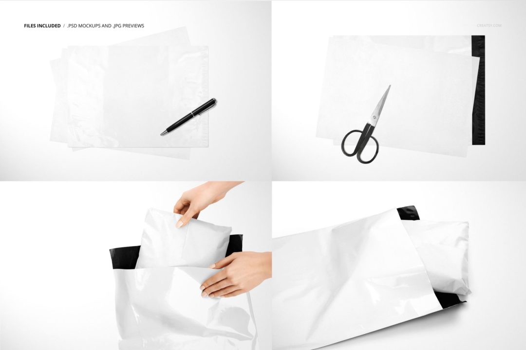 时尚服装衣服邮寄包装纸塑料袋设计展示效果图PSD样机模板 Mailer Bag Wrapping Tissue Paper Mockup Set_img_3