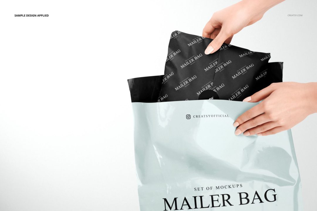 时尚服装衣服邮寄包装纸塑料袋设计展示效果图PSD样机模板 Mailer Bag Wrapping Tissue Paper Mockup Set_img_3