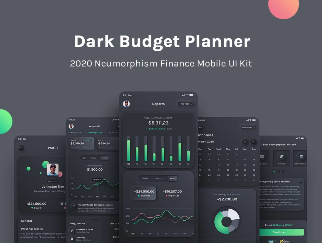 66屏暗黑深色银行金融理财财务管理APP软件界面设计Figma模板 Dark Budget Planner - Finance UI Kit_img_3