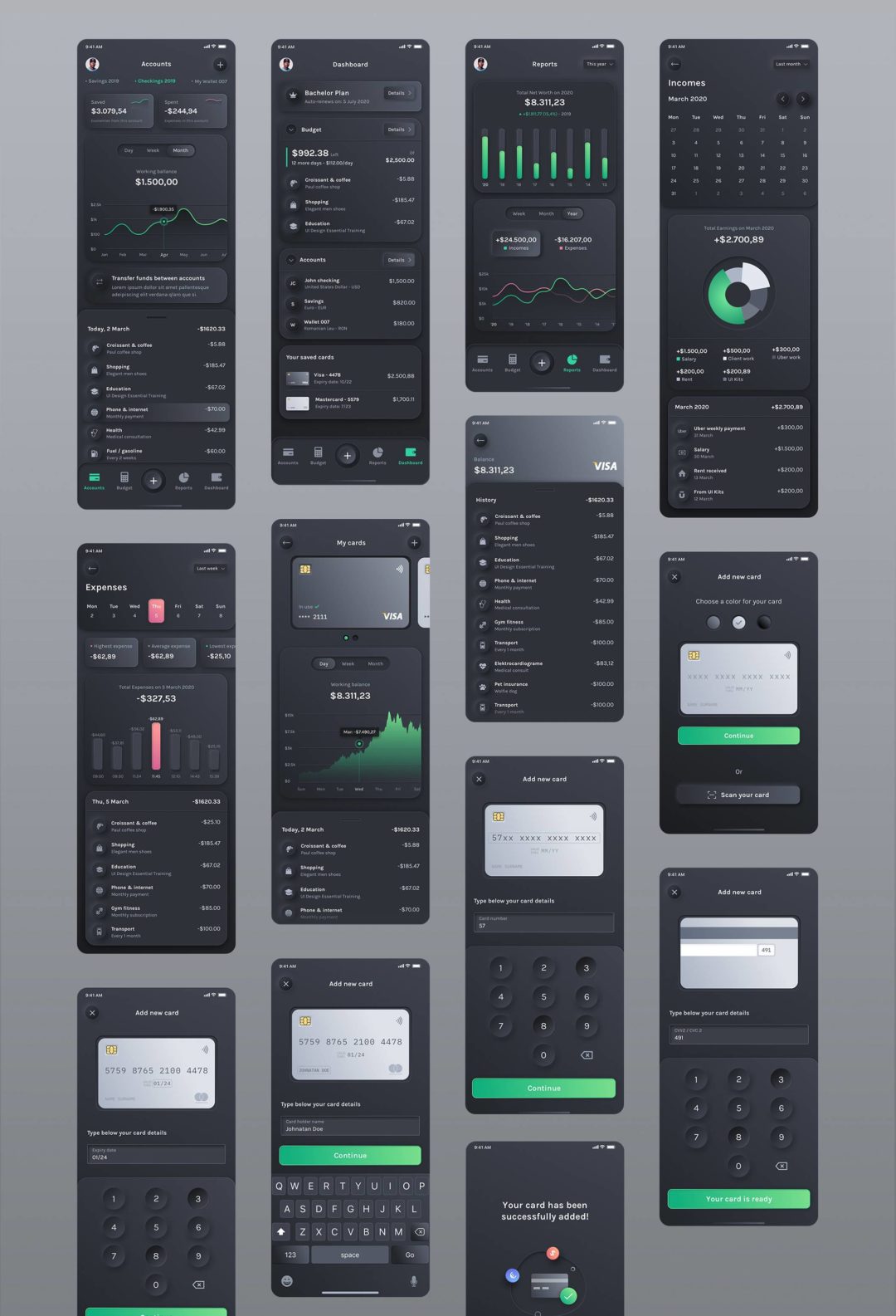 66屏暗黑深色银行金融理财财务管理APP软件界面设计Figma模板 Dark Budget Planner - Finance UI Kit_img_3