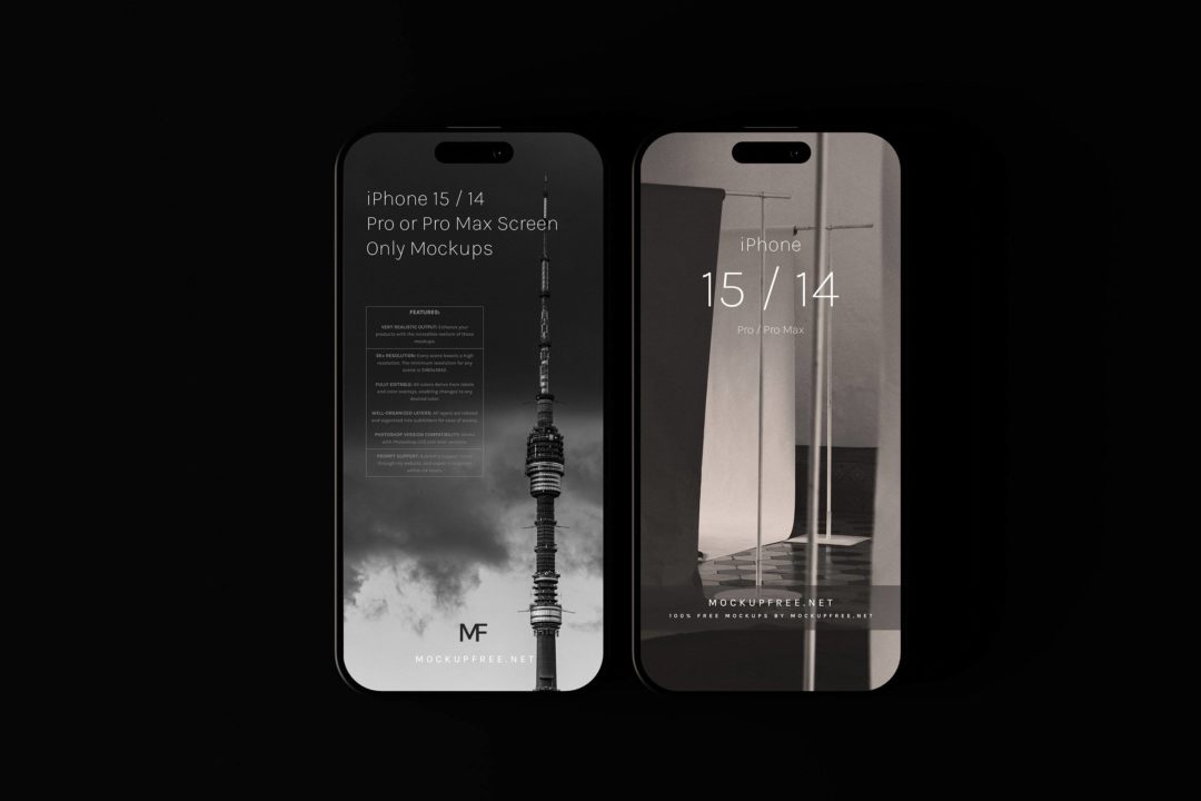 8款时尚黑化风苹果手机iPhone 15/14屏幕演示PSD样机模板素材 iPhone 15 / 14 Screen Only Mockups_img_3