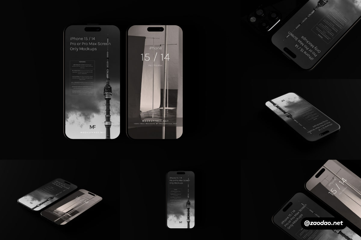 8款时尚黑化风苹果手机iPhone 15/14屏幕演示PSD样机模板素材 iPhone 15 / 14 Screen Only Mockups_img_2