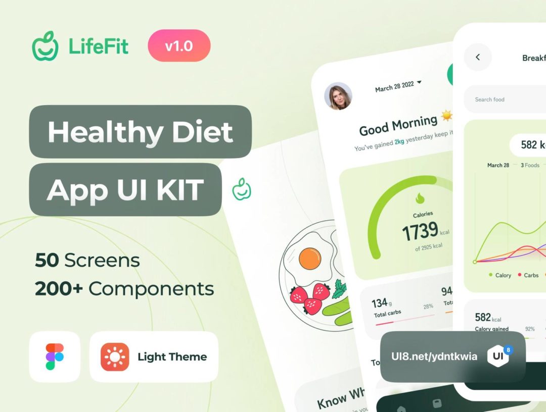 50屏健康饮食减肥体重指数卡路里计数器应用程序APP界面设计Figma模板套件 LifeFit - Healthy Diet Calory Counter App UI Kit_img_3