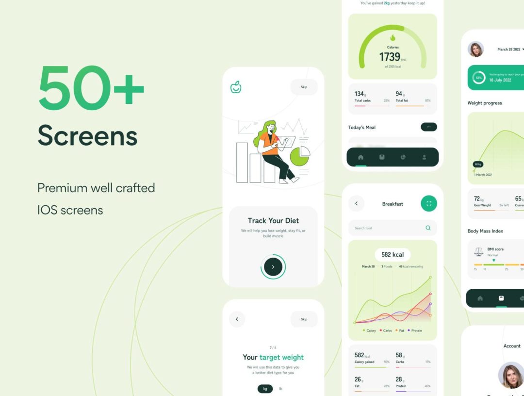 50屏健康饮食减肥体重指数卡路里计数器应用程序APP界面设计Figma模板套件 LifeFit - Healthy Diet Calory Counter App UI Kit_img_3