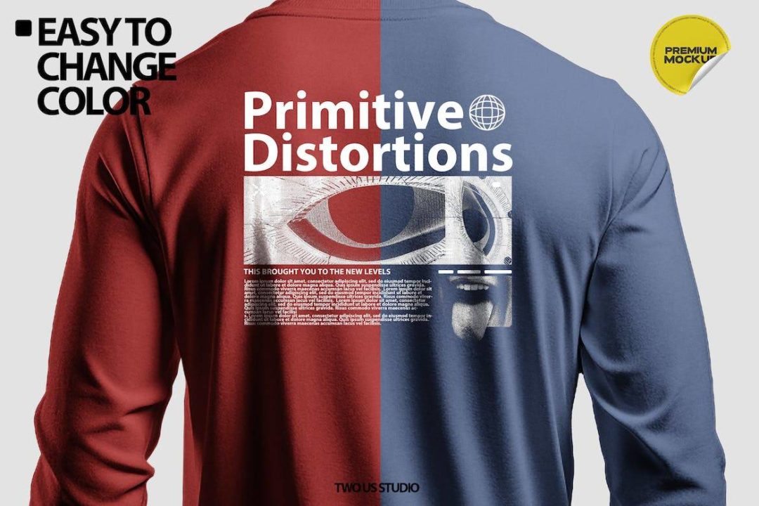 时尚逼真圆领长袖衬衫T恤印花图案设计PS智能贴图样机模板 Realistic Long Sleeve Shirt Mockup_img_3