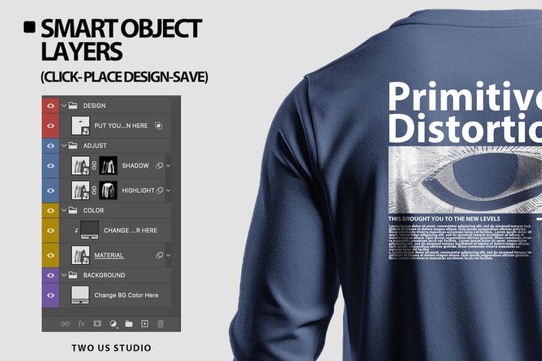 时尚逼真圆领长袖衬衫T恤印花图案设计PS智能贴图样机模板 Realistic Long Sleeve Shirt Mockup_img_3