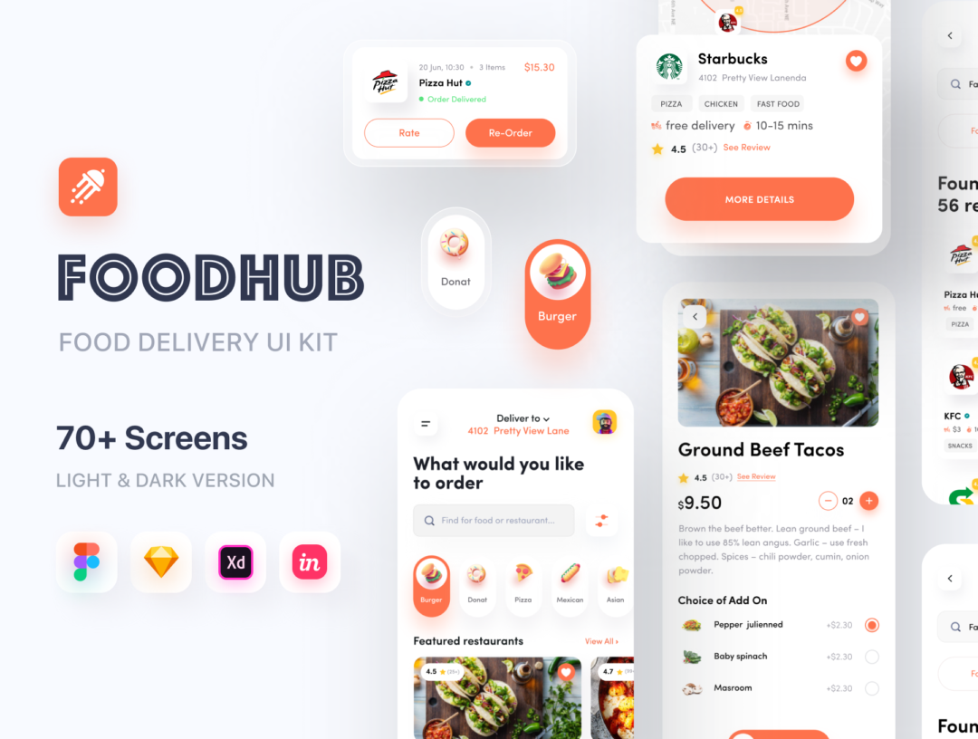 70+屏时尚外卖送餐在线订餐APP界面设计UI套件模板 Food Hub UI Kit_img_3