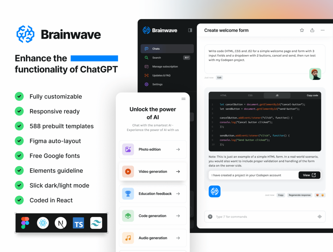 588屏创意AI智能聊天机器人ChatGPT界面设计UI套件+代码模板 Brainwave - AI UI Kit_img_3