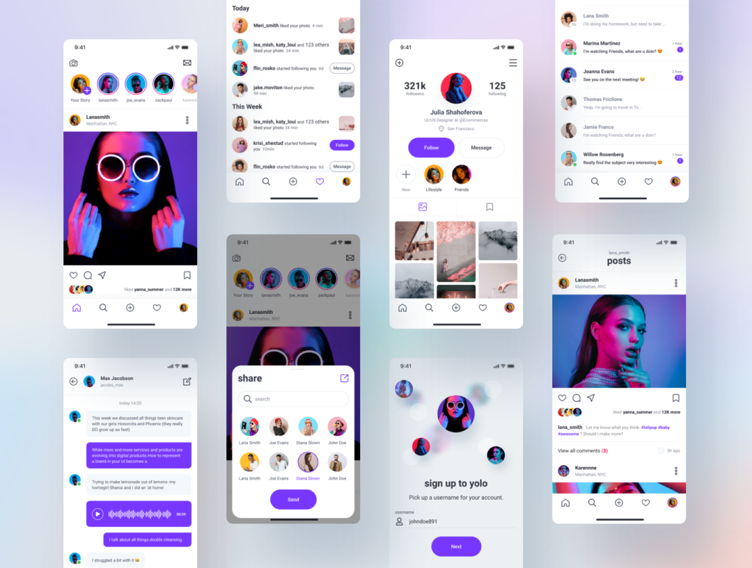 72屏短视频社交聊天交友APP界面设计Figma模板套件 Social Media UI Kit_img_3