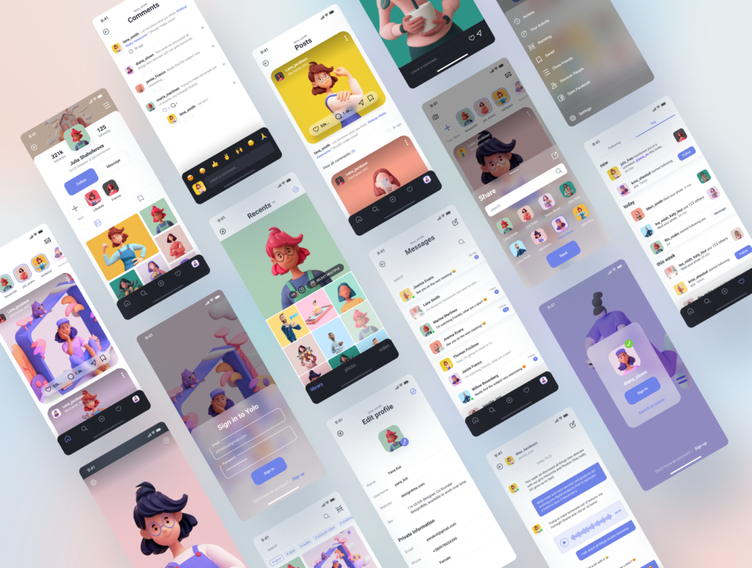 72屏短视频社交聊天交友APP界面设计Figma模板套件 Social Media UI Kit_img_3