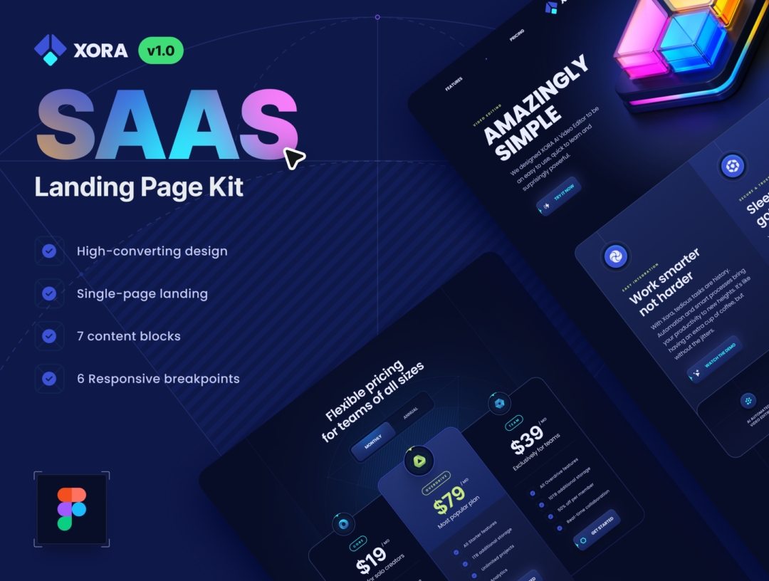 时尚科技感SAAS软件服务网站界面设计Figma模板套件 XORA - SaaS Landing Page Kit_img_3