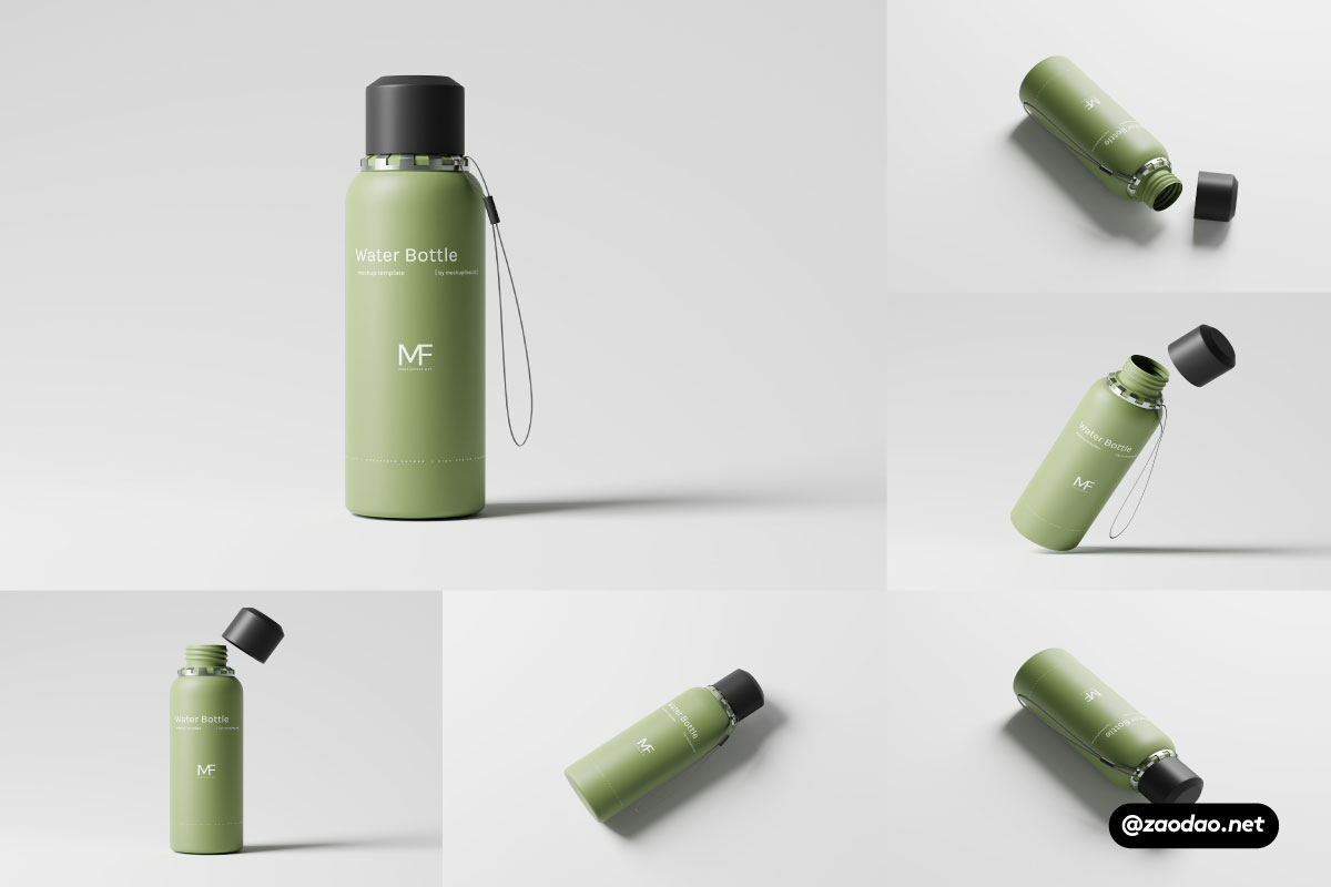 8款逼真哑光不锈钢保温水杯设计展示贴图PSD样机模板素材 Reusable Plastic Water Bottle Mockup_img_2